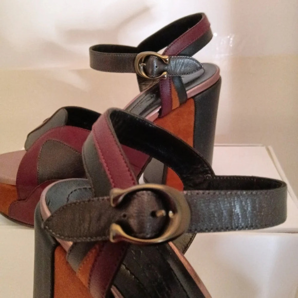 COACH Platform Sandal Leather Burgundy Black Ankle Strap 37.5 - Picture 6 of 14